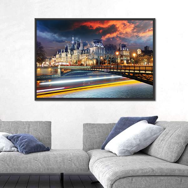 Paris City Hall At Night Canvas Wall Art-3 Horizontal-Gallery Wrap-25" x 16"-Tiaracle