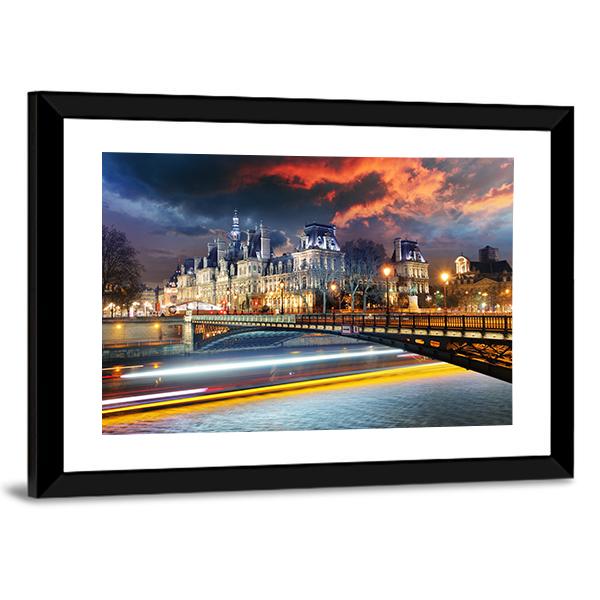 Paris City Hall At Night Canvas Wall Art-3 Horizontal-Gallery Wrap-25" x 16"-Tiaracle