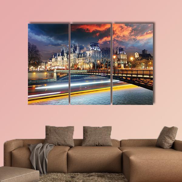 Paris City Hall At Night Canvas Wall Art-3 Horizontal-Gallery Wrap-37" x 24"-Tiaracle