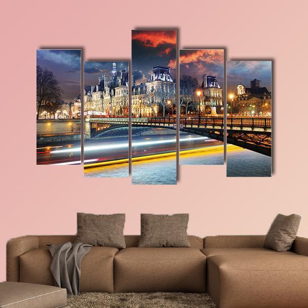 Paris City Hall At Night Canvas Wall Art-5 Pop-Gallery Wrap-47" x 32"-Tiaracle