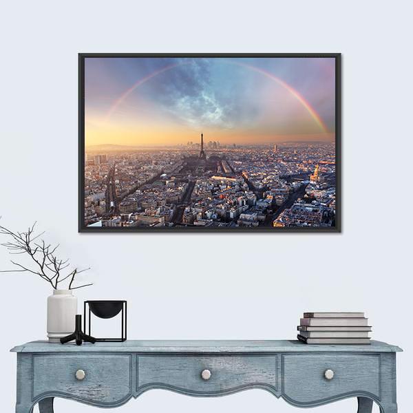 Paris with Rainbow Skyline Canvas Wall Art in gray, yellow and blue, 3 panel horizontal set hung on a wall
