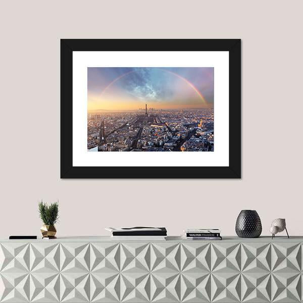 Paris with Rainbow Skyline Canvas Wall Art in gray, yellow and blue, framed print, product view on a white background