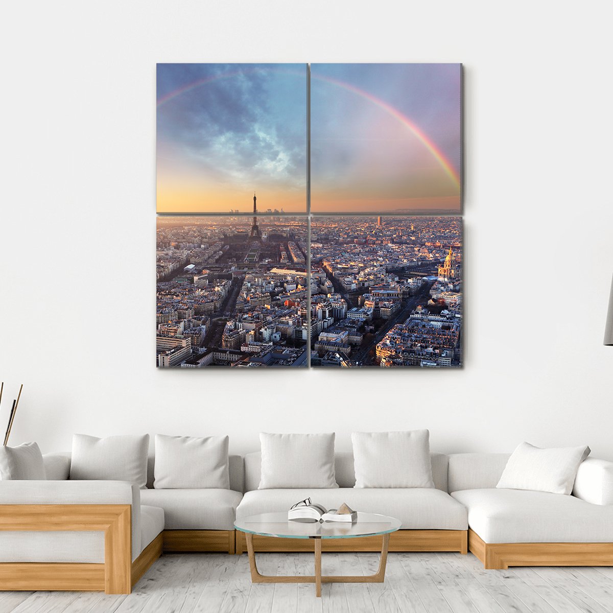 Paris Skyline with Rainbow at Sunset Canvas Wall Art in orange, yellow and blue, hung on a wall