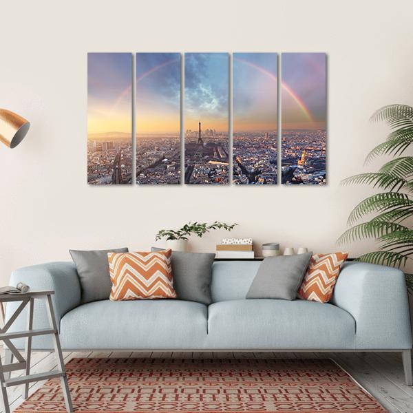 Paris With Rainbow - Skyline Canvas Wall Art-5 Horizontal-Gallery Wrap-22" x 12"-Tiaracle