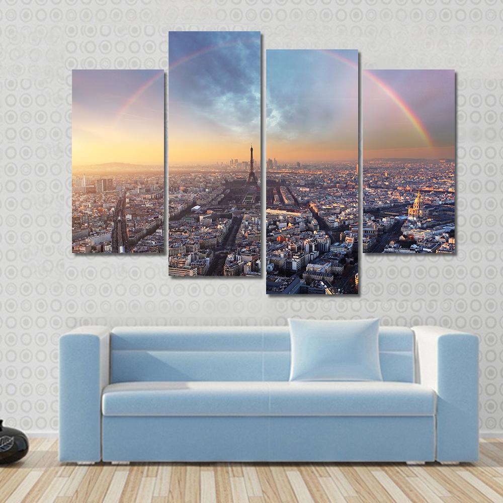 Paris with Rainbow Skyline Canvas Wall Art in gray, yellow and blue, 4 panel Pop layout hung on a wall