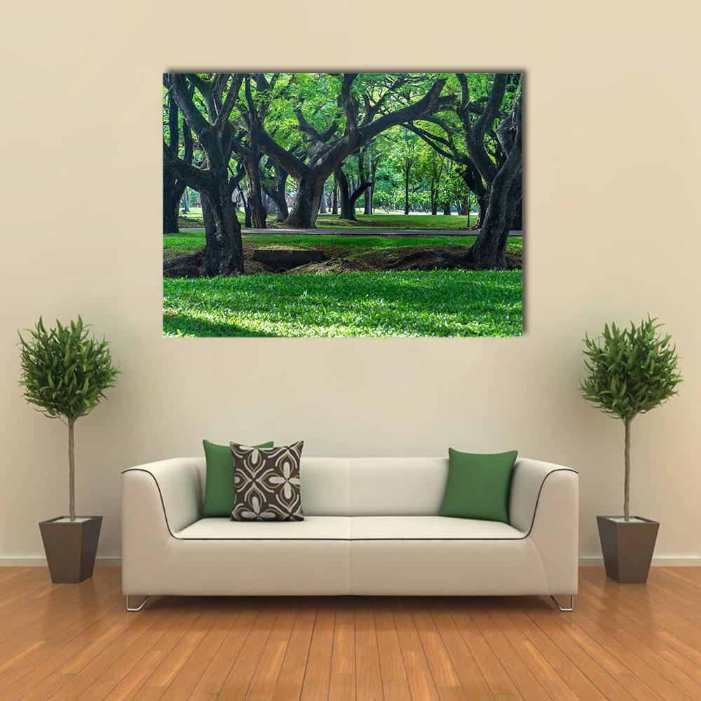 Sukhothai Park with Sunlit Grass Canvas Wall Art in brown and green, single panel hung on a wall
