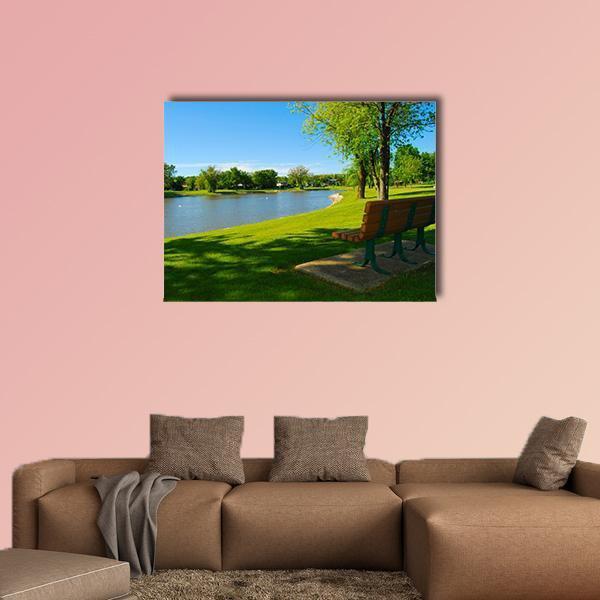 Park Bench Overlooking A Lake Canvas Wall Art-1 Piece-Gallery Wrap-48" x 32"-Tiaracle
