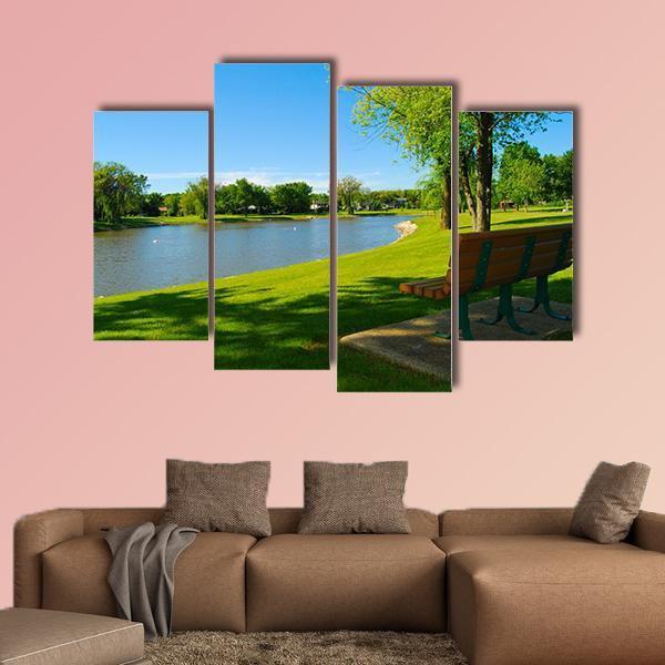 Park Bench Overlooking A Lake Canvas Wall Art-4 Pop-Gallery Wrap-50" x 32"-Tiaracle