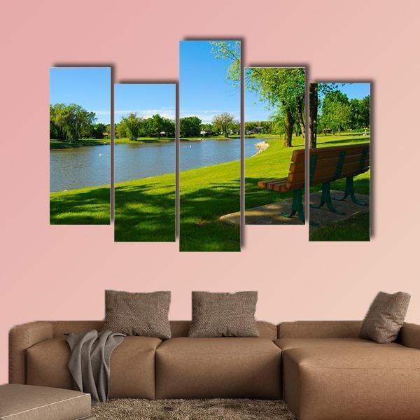 Park Bench Overlooking A Lake Canvas Wall Art-5 Pop-Gallery Wrap-47" x 32"-Tiaracle