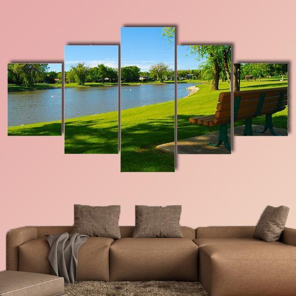 Park Bench Overlooking A Lake Canvas Wall Art-5 Star-Gallery Wrap-62" x 32"-Tiaracle