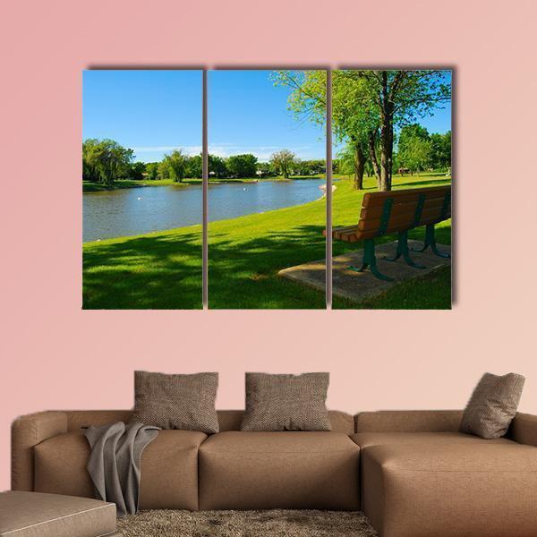 Park Bench Overlooking A Lake Canvas Wall Art-3 Horizontal-Gallery Wrap-37" x 24"-Tiaracle