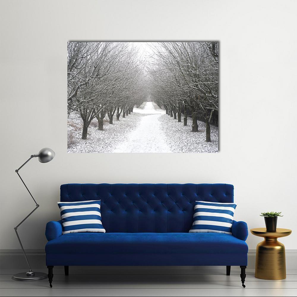 Snowy Park Path in Winter Canvas Wall Art in black, white and gray, single panel hung on a wall