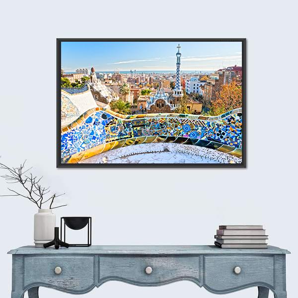 Park Guell In Barcelona In Spain Canvas Wall Art-1 Piece-Floating Frame-24" x 16"-Tiaracle