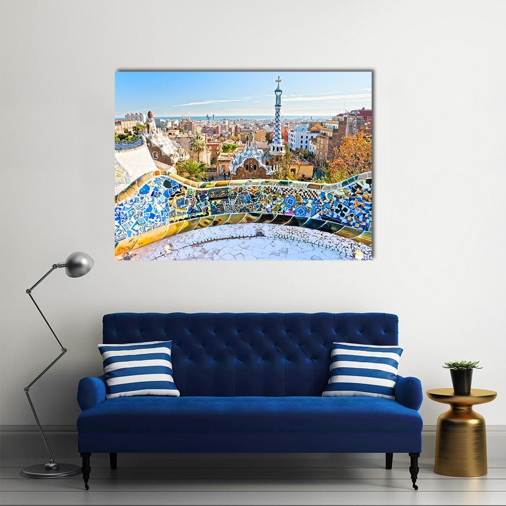 Vibrant Mosaic at Park Guell Canvas Wall Art in yellow, blue and multicolor, single panel hung on a wall