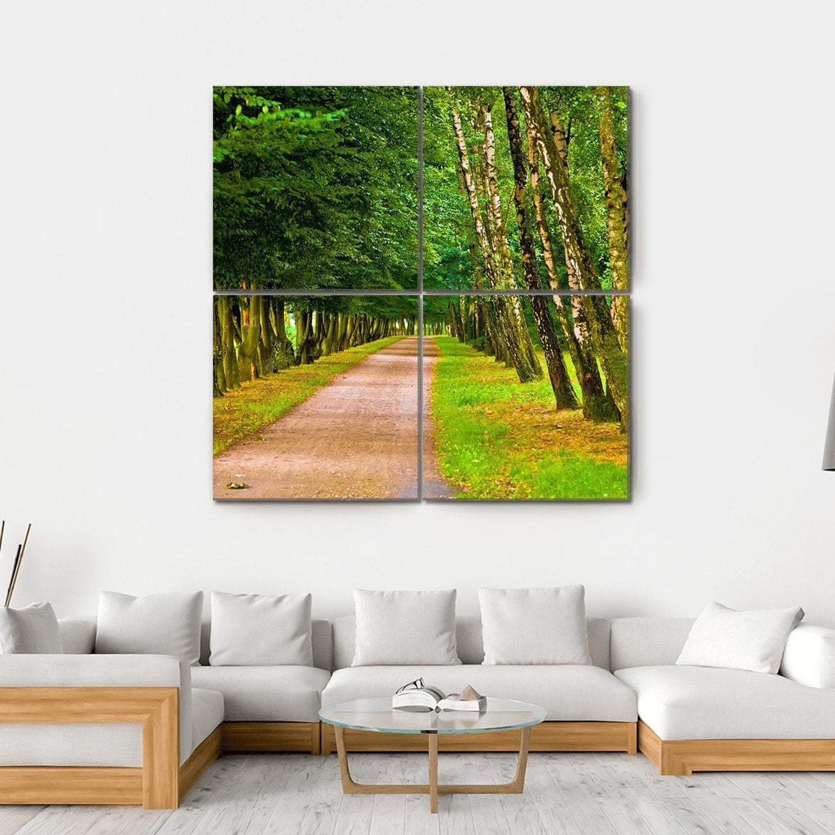 Spring Park Tree-lined Path Canvas Wall Art in brown, yellow and green, hung on a wall