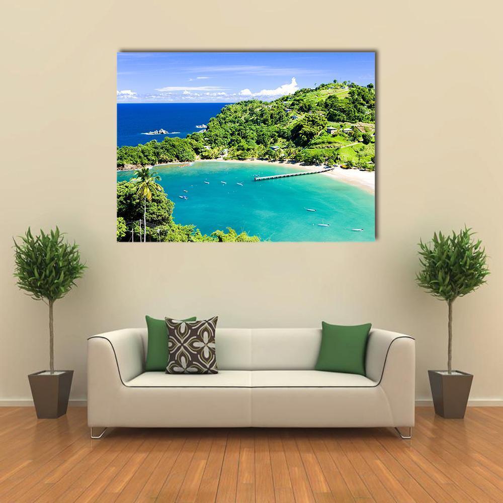 Parlatuvier Bay in Tobago Canvas Wall Art in green and blue, single panel hung on a wall