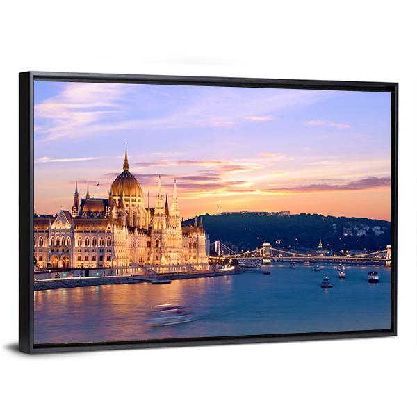 Parliament & Danube River Canvas Wall Art-3 Horizontal-Gallery Wrap-25" x 16"-Tiaracle