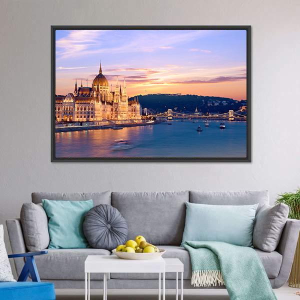 Parliament & Danube River Canvas Wall Art-3 Horizontal-Gallery Wrap-25" x 16"-Tiaracle