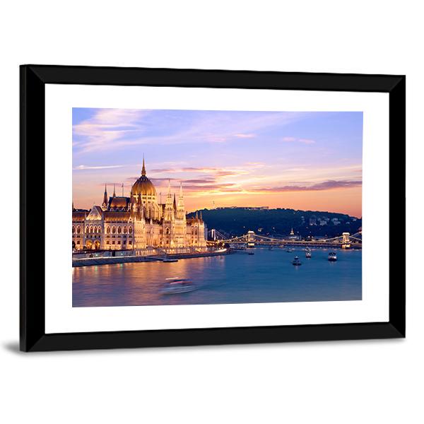 Parliament & Danube River Canvas Wall Art-3 Horizontal-Gallery Wrap-25" x 16"-Tiaracle