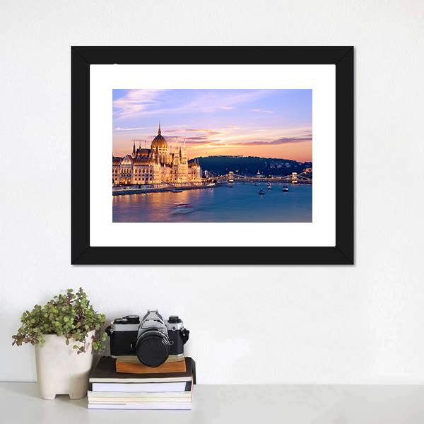Parliament & Danube River Canvas Wall Art-3 Horizontal-Gallery Wrap-25" x 16"-Tiaracle