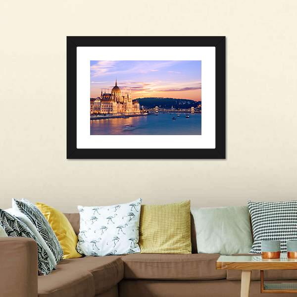 Parliament &amp; Danube River Canvas Wall Art-1 Piece-Framed Print-20" x 16"-Tiaracle