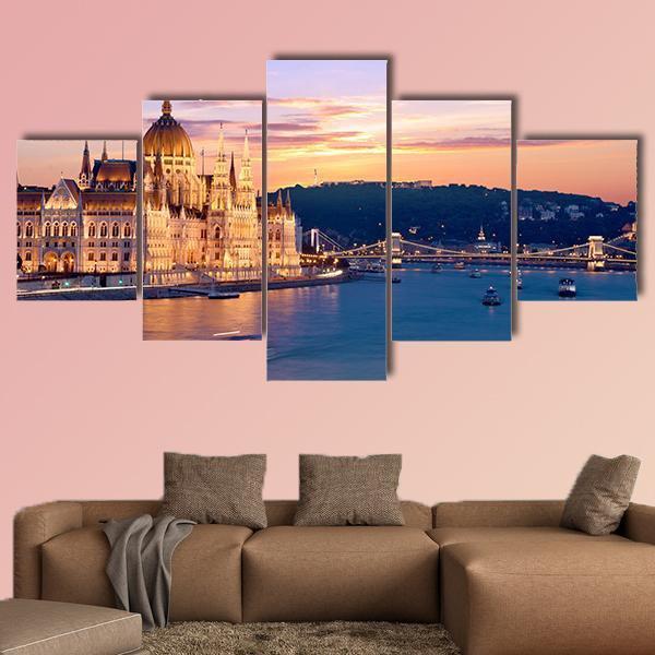 Parliament &amp; Danube River Canvas Wall Art-5 Star-Gallery Wrap-62" x 32"-Tiaracle