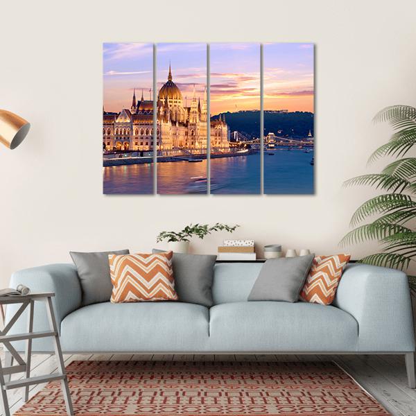 Parliament & Danube River Canvas Wall Art-4 Horizontal-Gallery Wrap-34" x 24"-Tiaracle