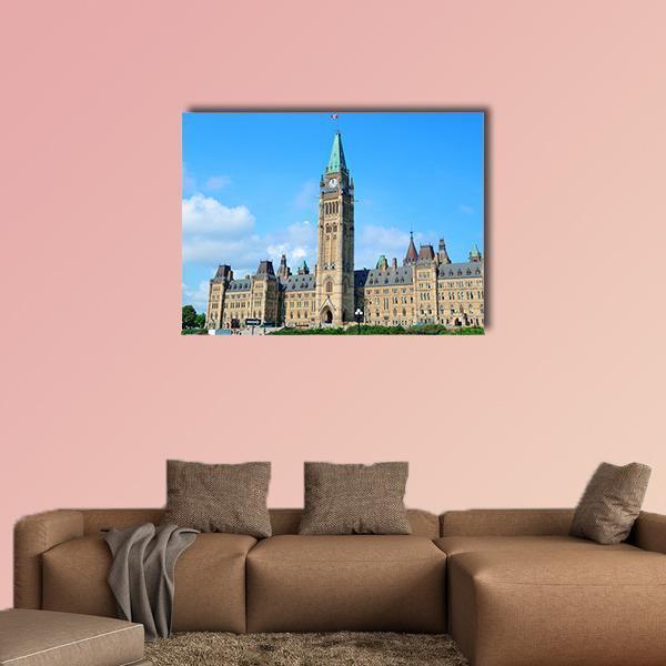 Canadian Parliament Building, Ottawa Canvas Wall Art in beige, brown and blue, single panel hung on a wall