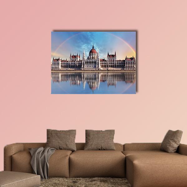 Hungarian Parliament and Danube at Dawn Canvas Wall Art in gray, orange and blue, single panel hung on a wall