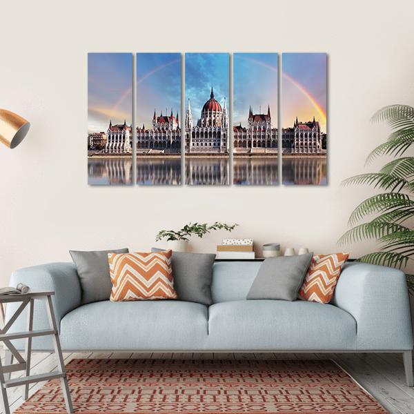 Parliament In Danube Canvas Wall Art-5 Horizontal-Gallery Wrap-22" x 12"-Tiaracle