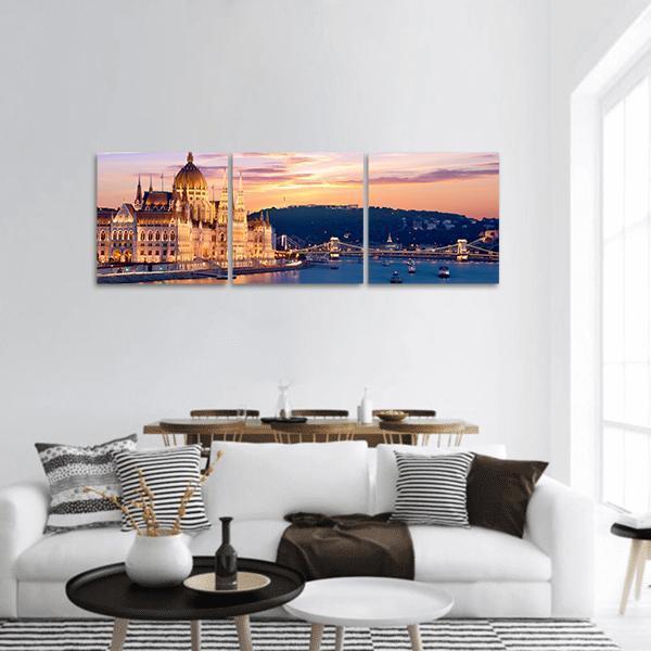 Parliament &amp; Danube River Panoramic Canvas Wall Art-3 Piece-25" x 08"-Tiaracle
