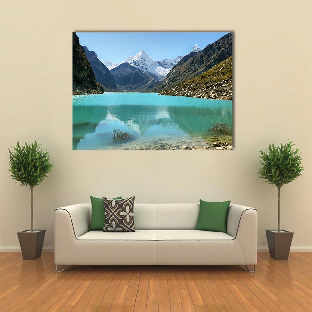 Paron Lake and Pyramid Peak Canvas Wall Art in white, gray and blue, single panel hung on a wall