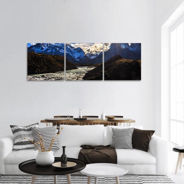 Parque Nacional Torres Del Paine Panorama Panoramic Canvas Wall Art in white, brown and blue, hung on a wall