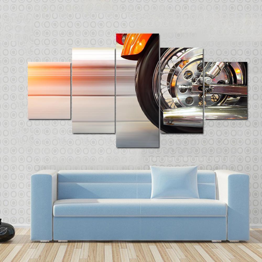 Part Of A Luxury Motorcycle With Blurry Asphalt Road Canvas Wall Art-5 Star-Gallery Wrap-62" x 32"-Tiaracle