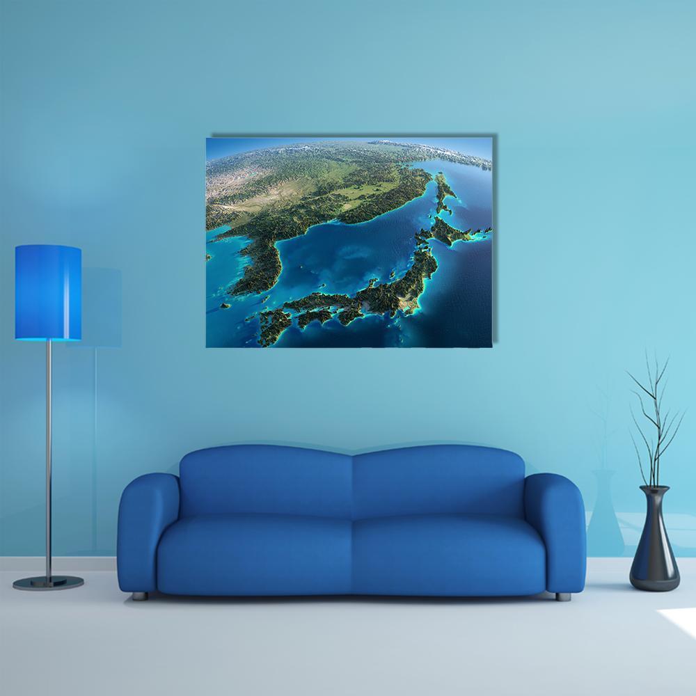 Japan and the Sea Map Canvas Wall Art in green and blue, single panel hung on a wall
