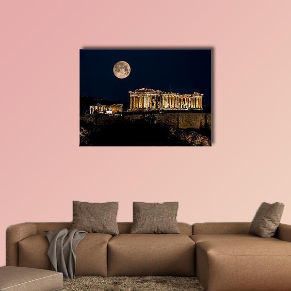 Parthenon at Night, Athens Canvas Wall Art in black, gold and blue, single panel hung on a wall
