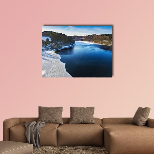 Partially Frozen Dam in Winter Canvas Wall Art in white, brown and blue, single panel hung on a wall