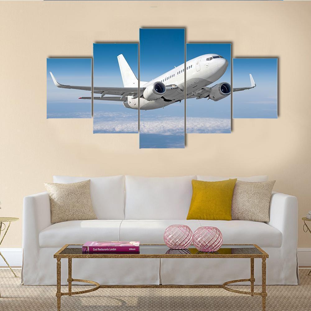 Passenger Airplane Flying Canvas Wall Art-5 Star-Gallery Wrap-62" x 32"-Tiaracle