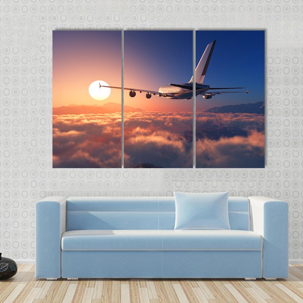 Passenger Plane Above The Clouds Canvas Wall Art-3 Horizontal-Gallery Wrap-37" x 24"-Tiaracle