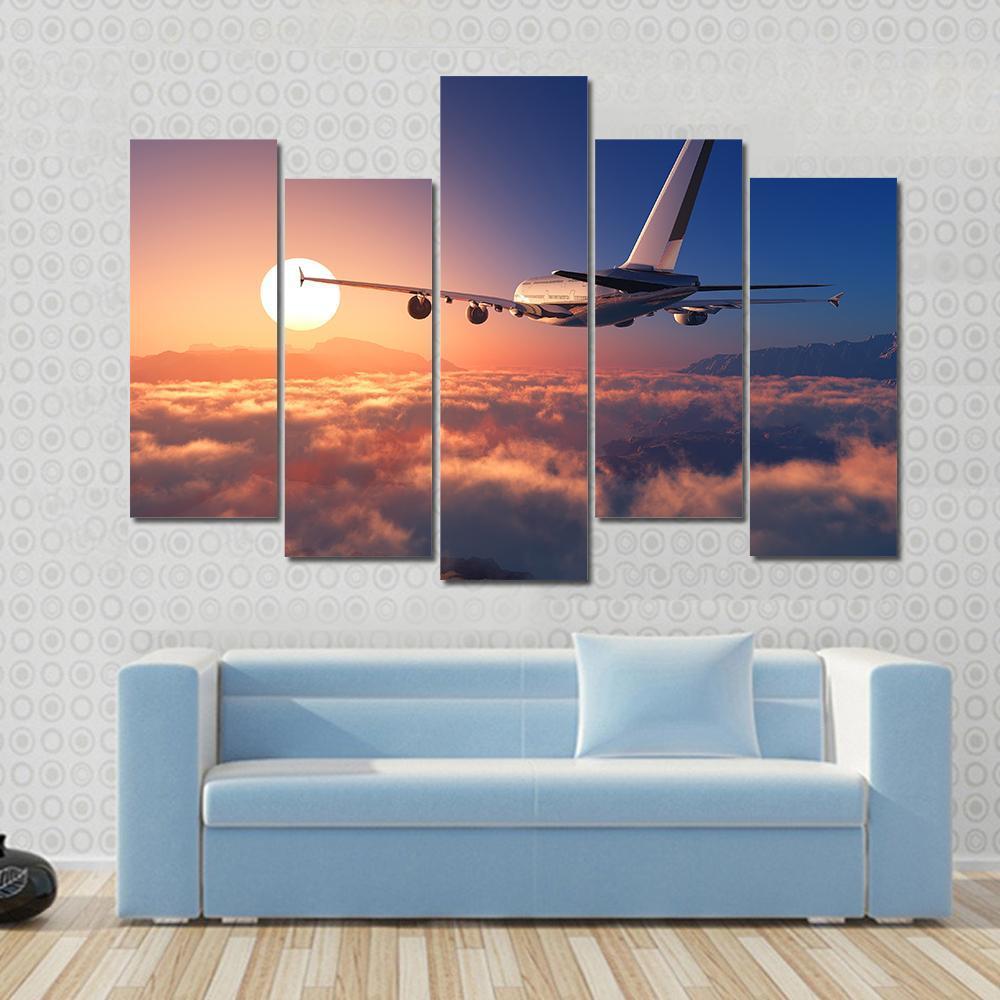 Passenger Plane Above The Clouds Canvas Wall Art-5 Pop-Gallery Wrap-47" x 32"-Tiaracle