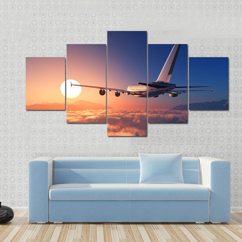 Passenger Plane Above The Clouds Canvas Wall Art-5 Star-Gallery Wrap-62" x 32"-Tiaracle