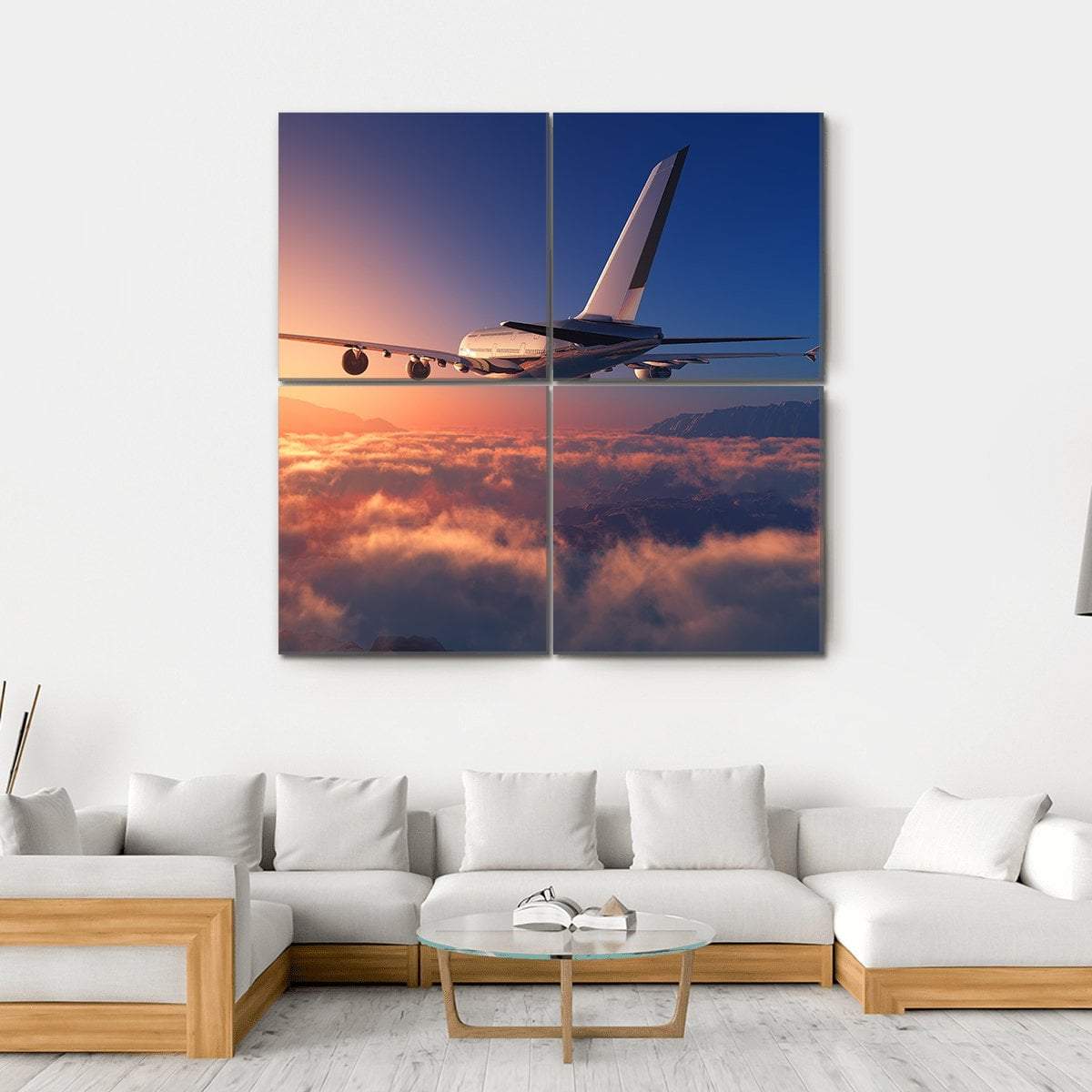 Passenger Plane Above The Clouds Canvas Wall Art-4 Square-Gallery Wrap-17" x 17"-Tiaracle