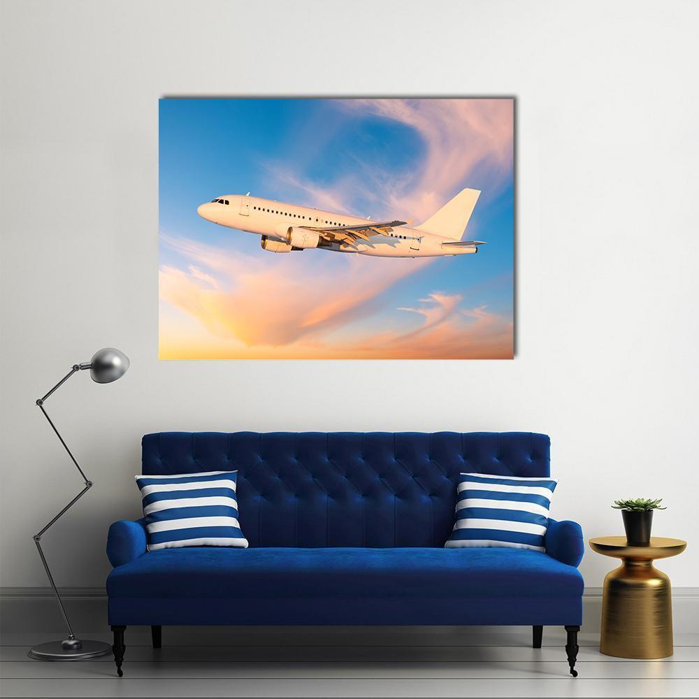 Passenger Plane Flies In Sky Canvas Wall Art-1 Piece-Gallery Wrap-48" x 32"-Tiaracle