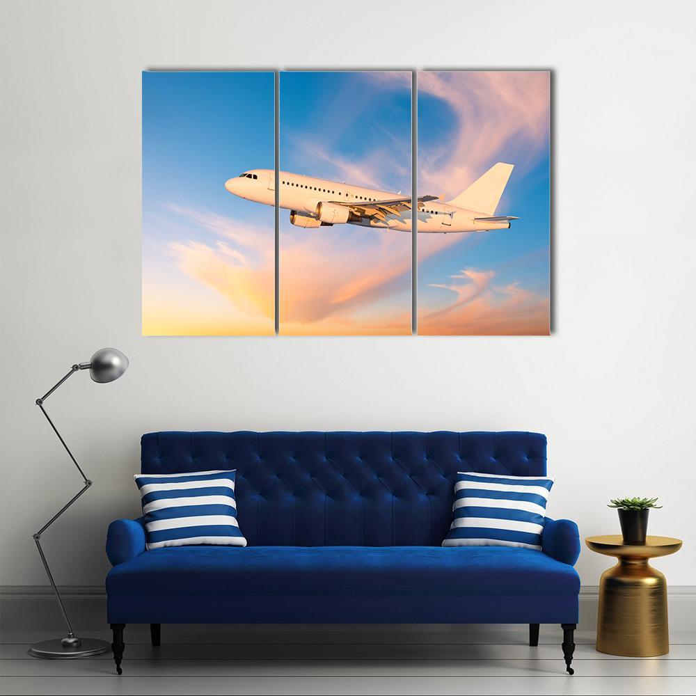 Passenger Plane Flies In Sky Canvas Wall Art-3 Horizontal-Gallery Wrap-37" x 24"-Tiaracle