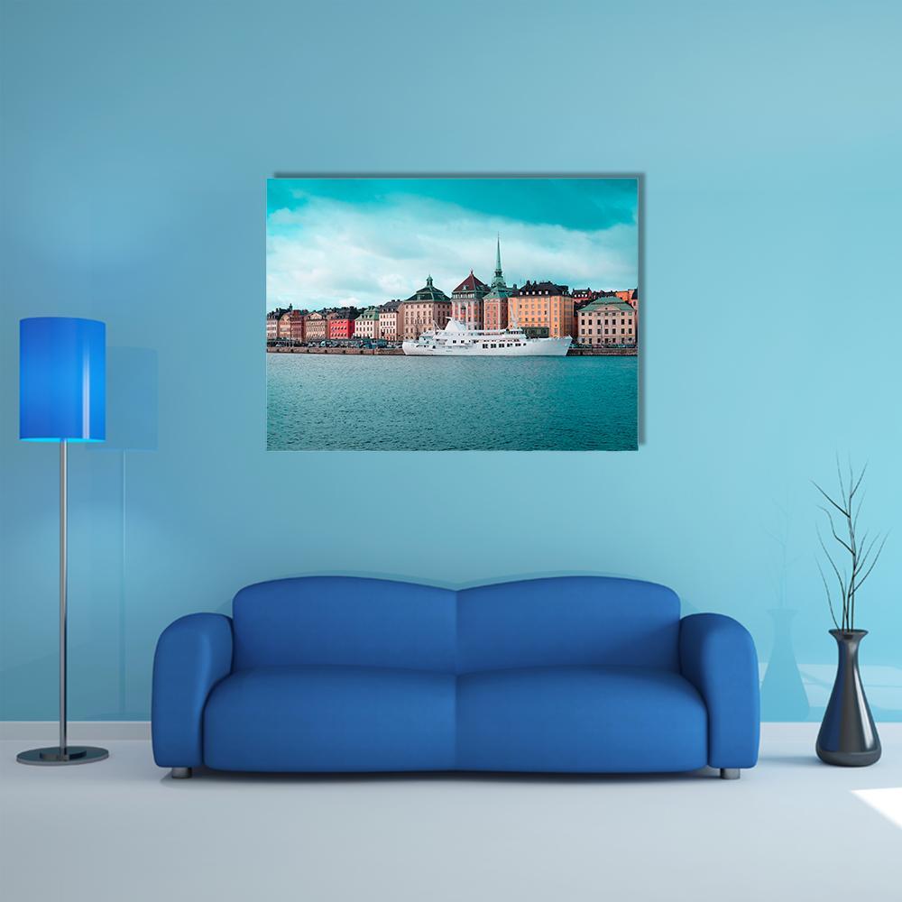 Passenger Ship in Stockholm Harbour Canvas Wall Art in blue, single panel hung on a wall