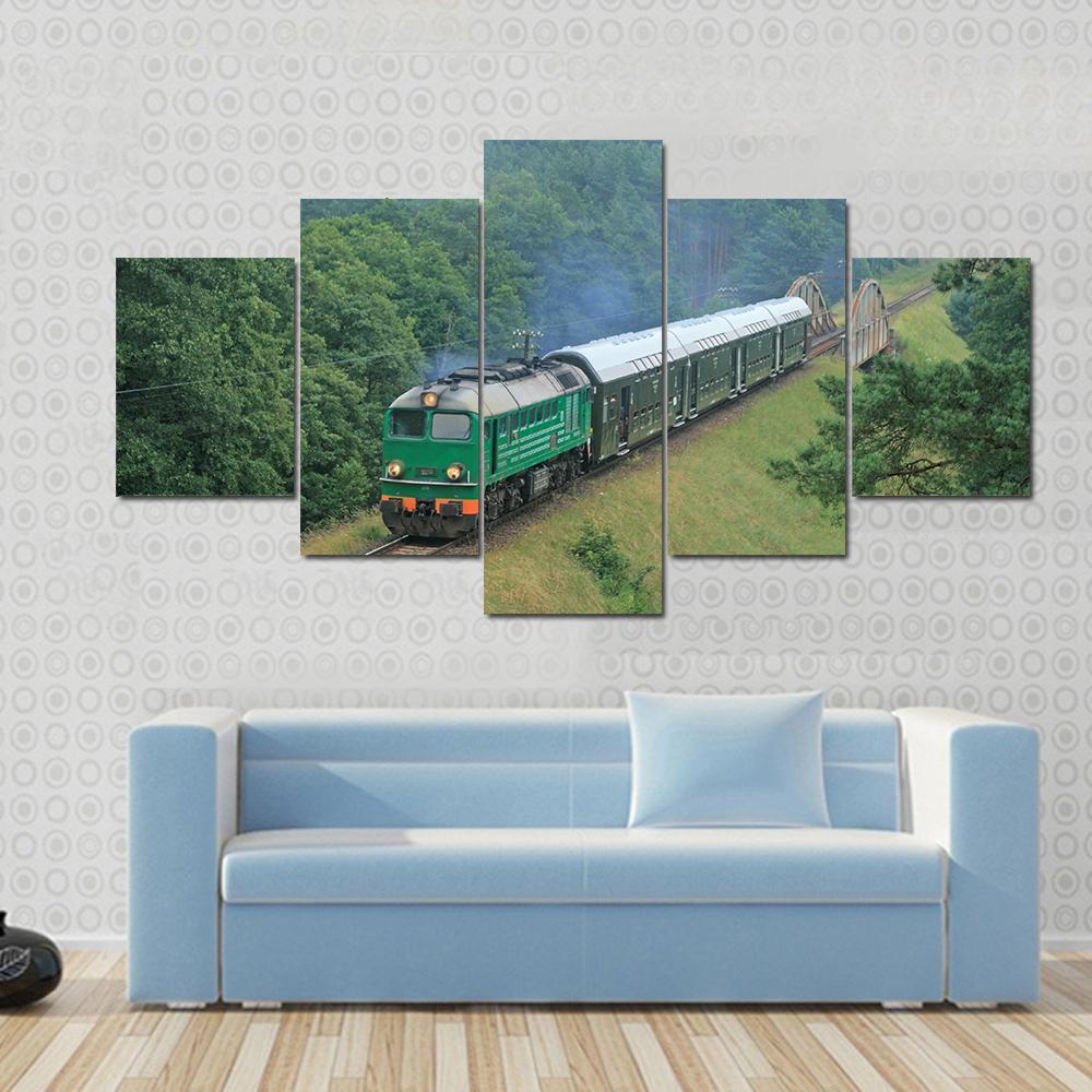 Passenger Train Passing Through Polish Countryside Canvas Wall Art-5 Star-Gallery Wrap-62" x 32"-Tiaracle