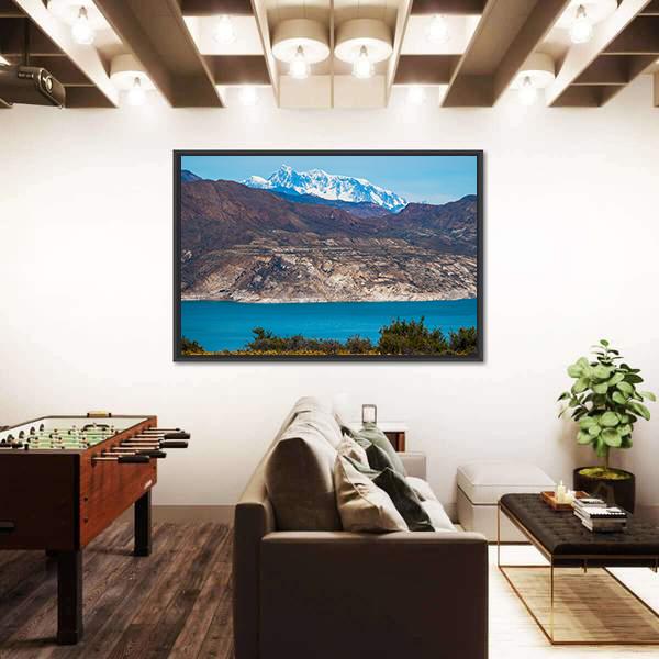 Patagonian Landscape With Mountains And Blue Lake Canvas Wall Art-1 Piece-Floating Frame-24" x 16"-Tiaracle
