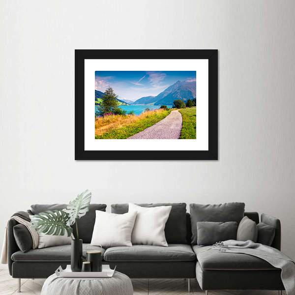 Path Around Resia Lake Canvas Wall Art-3 Horizontal-Gallery Wrap-25" x 16"-Tiaracle