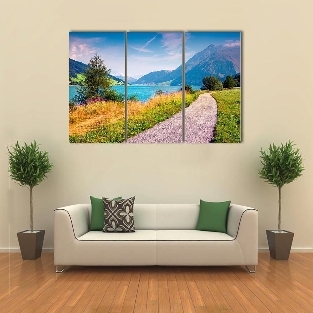 Path Around Resia Lake Canvas Wall Art-3 Horizontal-Gallery Wrap-37" x 24"-Tiaracle