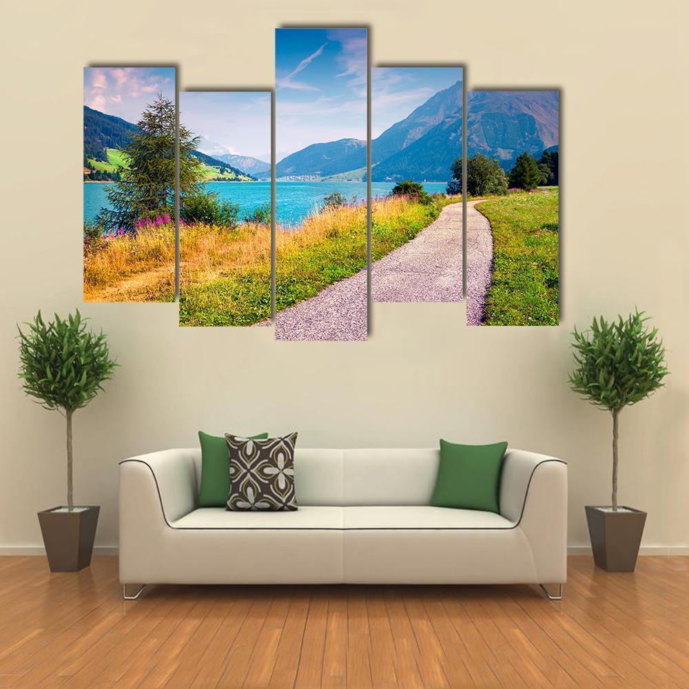 Path Around Resia Lake Canvas Wall Art-5 Pop-Gallery Wrap-47" x 32"-Tiaracle